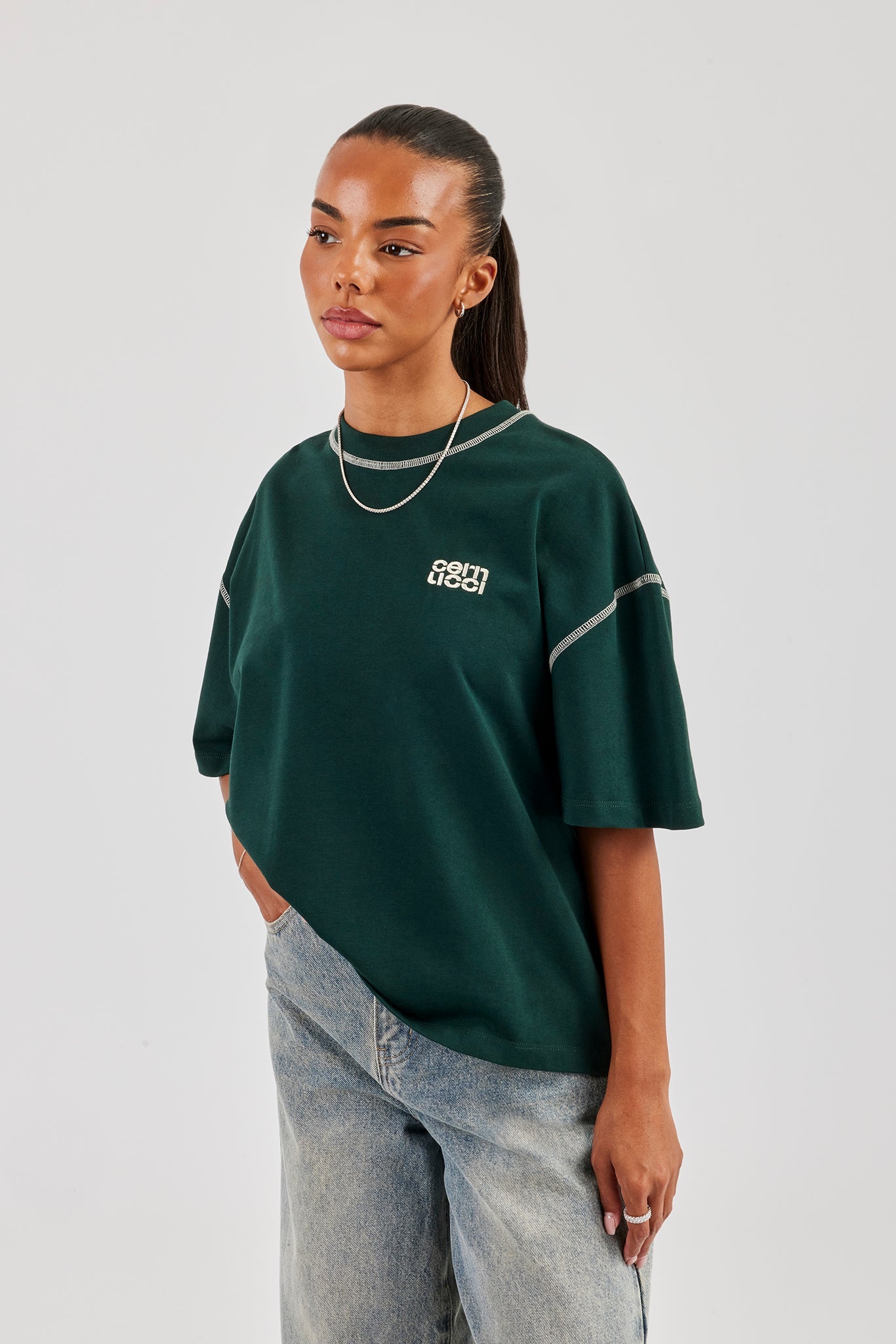 Diamond Cut Contrast Stitch T-Shirt - Forest Green